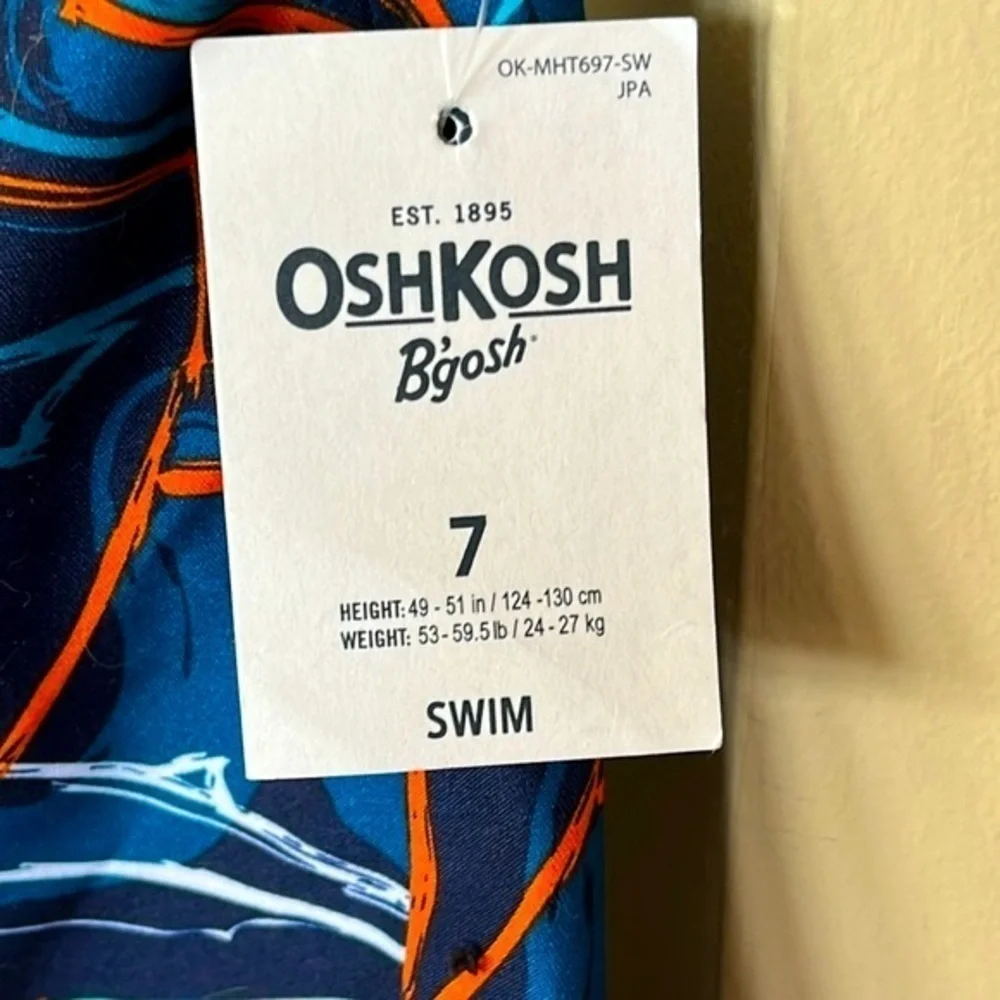 Brand New Oshkosh Swim Shorts Navy Blue Orange Graphic Shark Print Swim Trunks